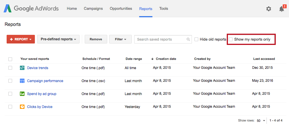 relatórios google adwords compartilhados por padrão 